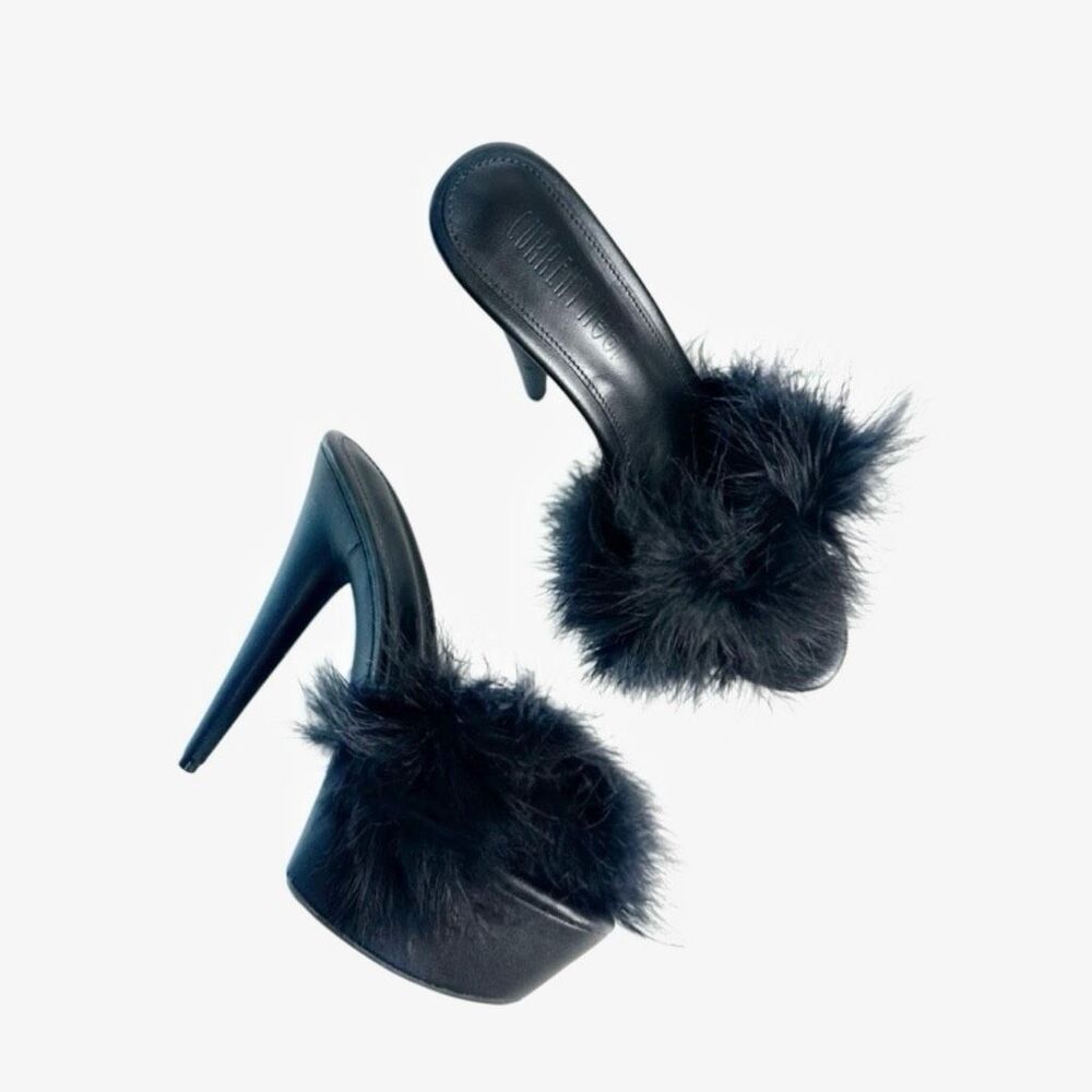 CURRENT MOOD Black Maribou Feather Platform Slide Heels 38 Sinful Money Hunny